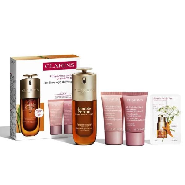 Clarins Set (Double Serum 50ml + Crema de Zi Multi-Active 15ml + Crema de Noapte Multi-Active 15ml + SOS Primer)