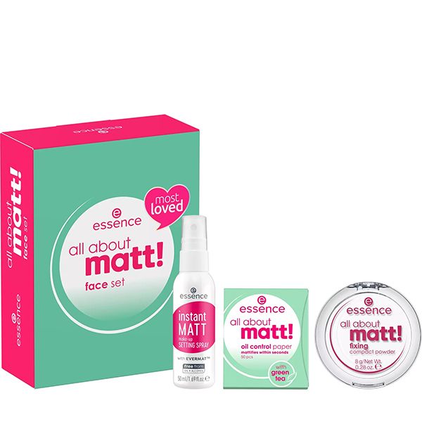 Essence Set All About Matt (Pudra All About Matt + Instant Matt Setting Spray + Servetele Oil Control Paper)