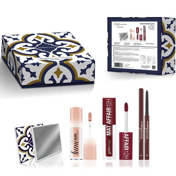 Bellaoggi Set Mediterranean Frames Lips (Ruj Matt Affair 12H 11 Red + Creion de Buze Lip-Matic 05 + Lumi Gloss 01 + Oglinda)