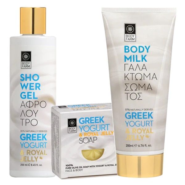 Bodyfarm Iaurt Grecesc si Laptisor de Matca Set Mini (Gel de Dus 50ml + Lotiune de Corp 50ml + Sapun 110g)