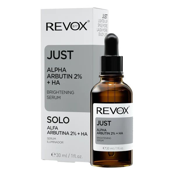 Revox Just Alpha Arbutin 2% + HA Brightening Serum Ser Iluminator 30ml prezentare
