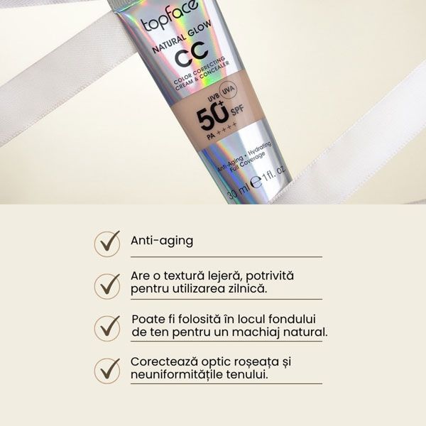 Topface Crema Colorata CC Color Correcting Cream SPF50 30ml Caracteristici Principale