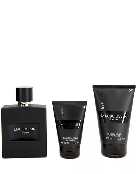 Mauboussin Pour Lui In Black set cu apa de parfum pentru barbati 100ml + aftershave balsam dupa ras 50ml + gel dus 100ml + pouch